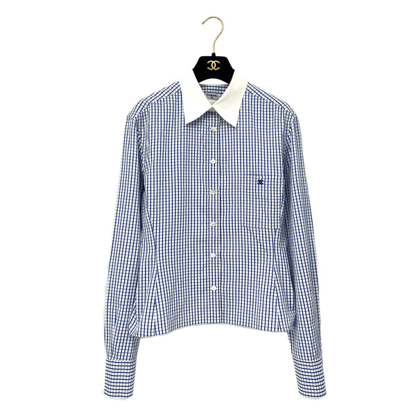 CHANEL COCOMARK GINGHAM CHECK BLOUSE BLUE WHITE COTTON RTW 90286902