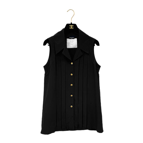 CHANEL VINTAGE PLEATED SLEEVELESS TOPS CLOVER GOLD BUTTON BLACK SILK 34 RTW 90286903 - PURPOSE