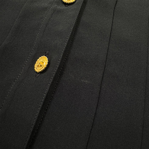 CHANEL VINTAGE PLEATED SLEEVELESS TOPS CLOVER GOLD BUTTON BLACK SILK 34 RTW 90286903 - PURPOSE