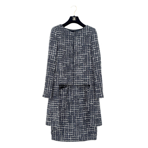 CHANEL COCO BUTTON TWEED JACKET SKIRT SET NAVY COTTON 36 P47 RTW 90286904