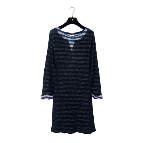 CHANEL BORDER DRESS COCO BUTTON NAVY COTTON 38 P47 RTW 90286911