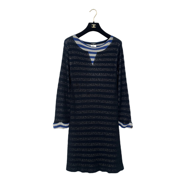 CHANEL BORDER DRESS COCO BUTTON NAVY COTTON 38 P47 RTW 90286911