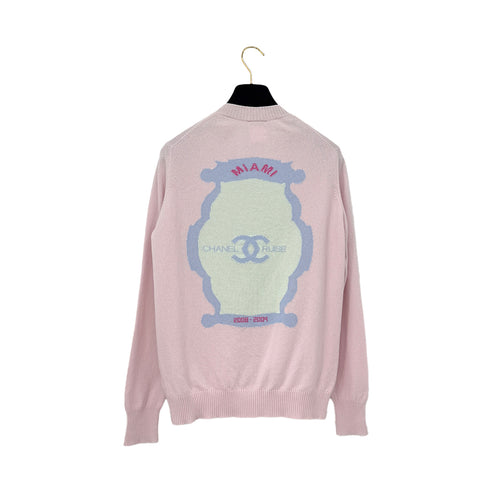 CHANEL MIAMI 2009 CRUISE LINES CARDIGAN COCO BUTTON HEART RHINESTONE PINK BLUE CASHMERE 44 09C RTW 90286924
