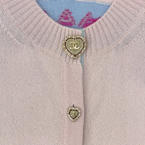 CHANEL MIAMI 2009 CRUISE LINES CARDIGAN COCO BUTTON HEART RHINESTONE PINK BLUE CASHMERE 44 09C RTW 90286924
