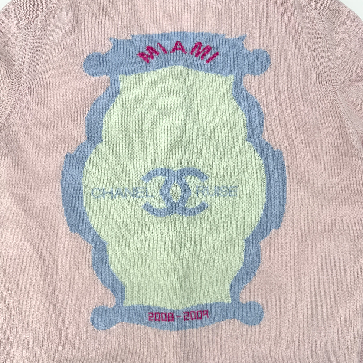 CHANEL MIAMI 2009 CRUISE LINES CARDIGAN COCO BUTTON HEART RHINESTONE PINK BLUE CASHMERE 44 09C RTW 90286924