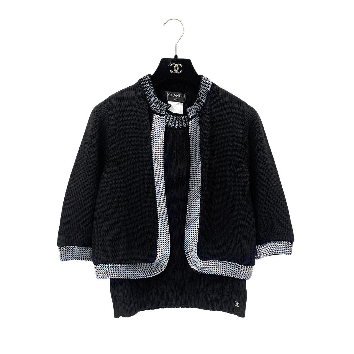 CHANEL COCOMARK TWIN KNIT SEQUINS CARDIGAN SLEEVELESS TOPS BLACK WOOL 38 99A RTW 900286925