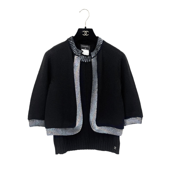 CHANEL VINTAGE COCOMARK TWIN KNIT SEQUINS CARDIGAN SLEEVELESS TOPS BLACK WOOL 38 99A RTW 90286925