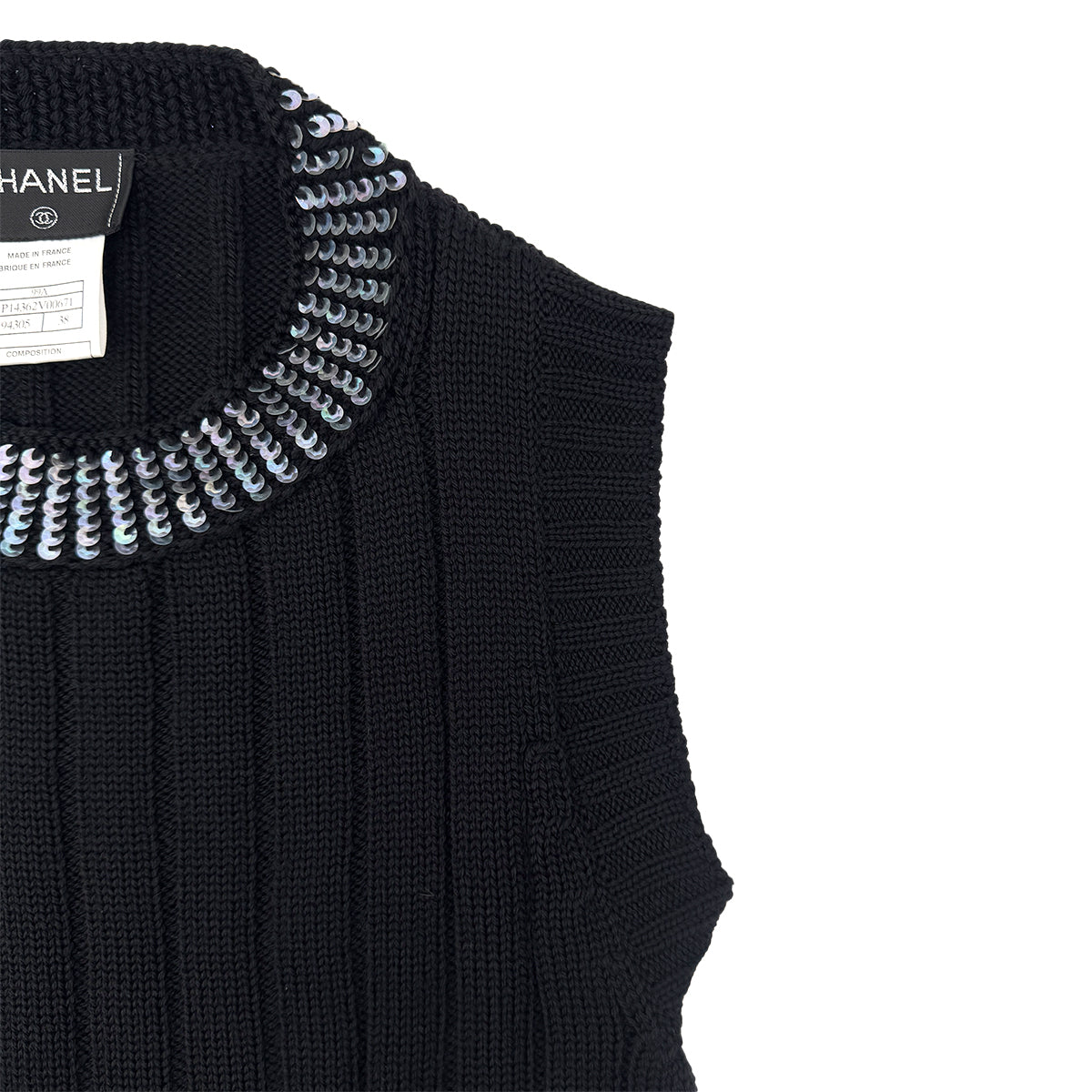 CHANEL COCOMARK TWIN KNIT SEQUINS CARDIGAN SLEEVELESS TOPS BLACK WOOL 38 99A RTW 900286925