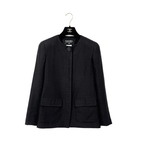 CHANEL VINTAGE COCO BUTTON NO-COLLAR JACKET BLACK LINEN 36 98C RTW 90287084 - PURPOSE