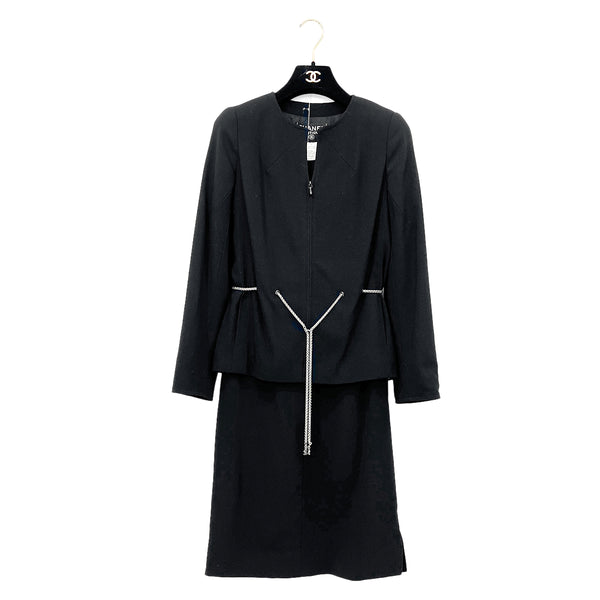 CHANEL VINTAGE COCOMARK CHAIN BELT JACKET COCO BUTTON SKIRT SET BLACK WOOL 34 98P RTW 90287085