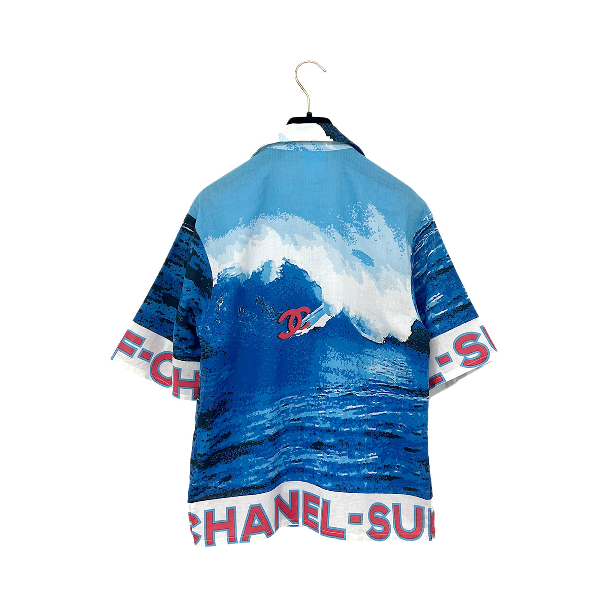 CHANEL COCOMARK SURF LINE 2002 SHORT SLEEVE SHIRT BLUE COTTON 38 02S RTW 90287086