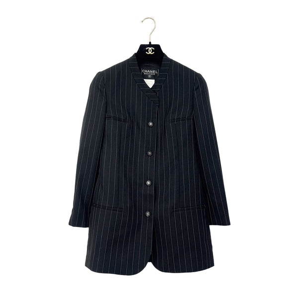 CHANEL VINTAGE COCO BUTTON STRIPE NO-COLLAR JACKET BLACK WOOL 44 96P RTW 90287087