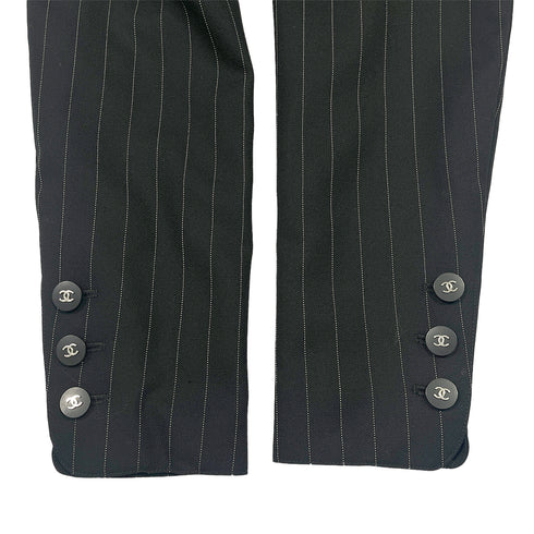 CHANEL VINTAGE COCO BUTTON STRIPE NO-COLLAR JACKET BLACK WOOL 44 96P RTW 90287087 - PURPOSE