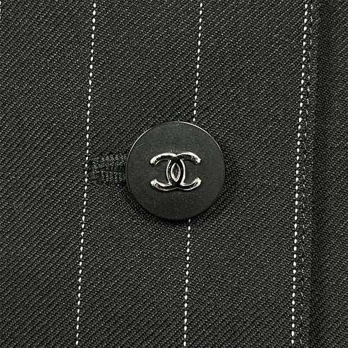 CHANEL VINTAGE COCO BUTTON STRIPE NO-COLLAR JACKET BLACK WOOL 44 96P RTW 90287087 - PURPOSE