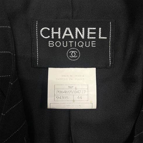 CHANEL VINTAGE COCO BUTTON STRIPE NO-COLLAR JACKET BLACK WOOL 44 96P RTW 90287087 - PURPOSE