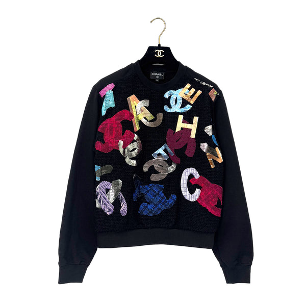 CHANEL COCOMARK TWEED PULL OVER SWEATSHIRT BLACK COTTON 34 P72 RTW 90287088