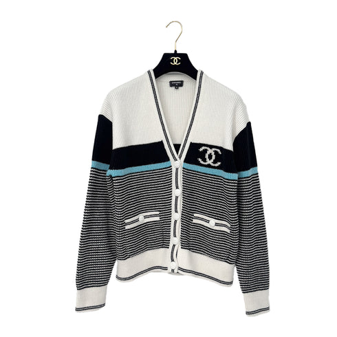 CHANEL COCO BUTTON BORDER CARDIGAN WHITE BLACK VISCOSE 36 P73 RTW 90287089