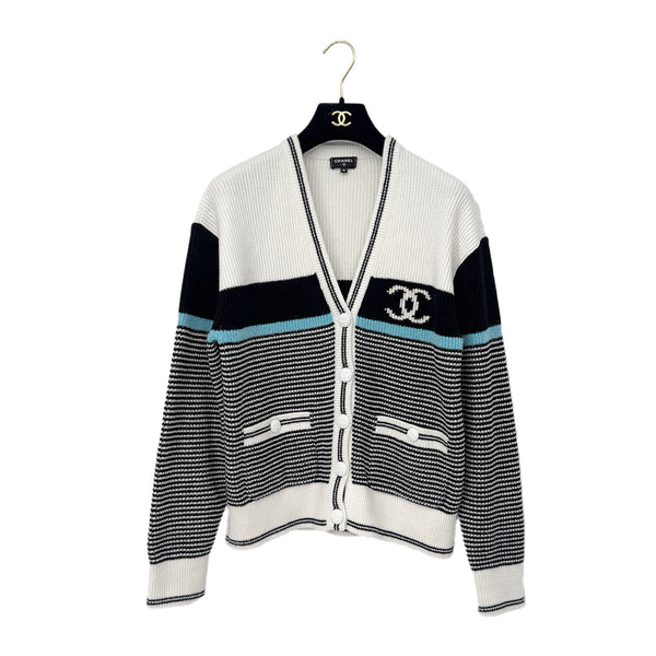 CHANEL COCO BUTTON BORDER CARDIGAN WHITE BLACK VISCOSE 36 P73 RTW 90287089