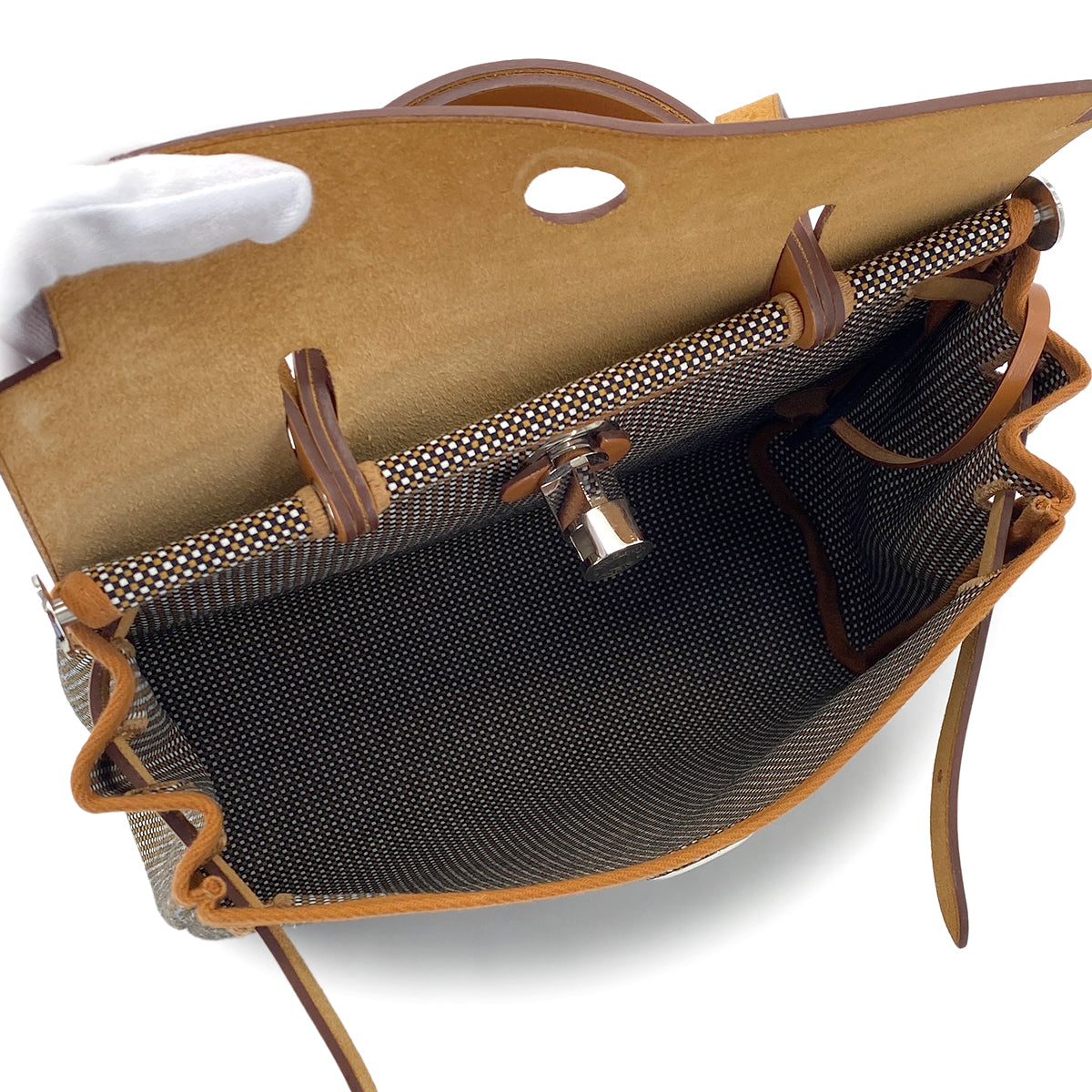 HERMES HER BAG ZIP PM 31 FAUVE VACHE HUNTER TOILE CADRILLE TOTE SHOULDER BAG Z 90287098