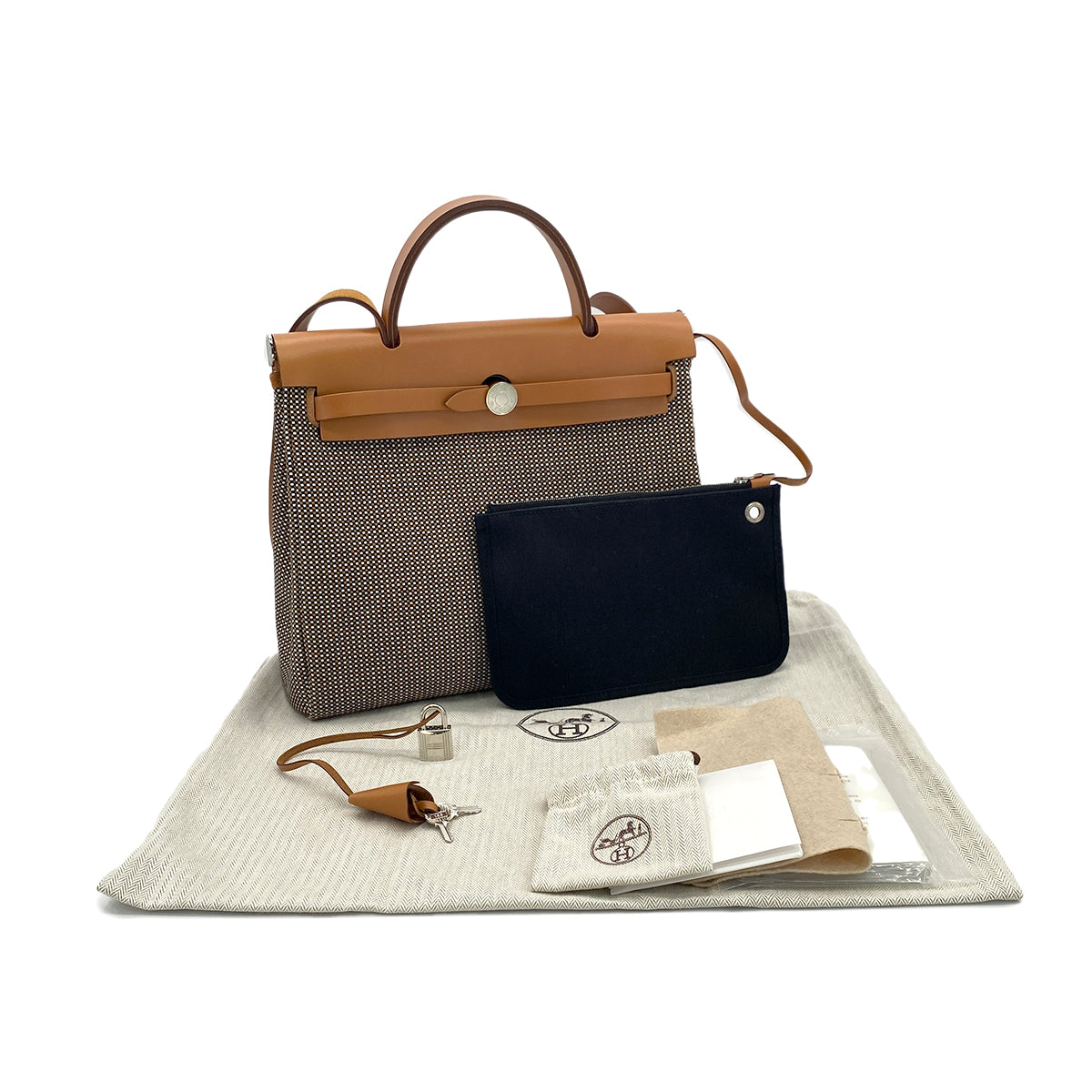 HERMES HER BAG ZIP PM 31 FAUVE VACHE HUNTER TOILE CADRILLE TOTE SHOULDER BAG Z 90287098