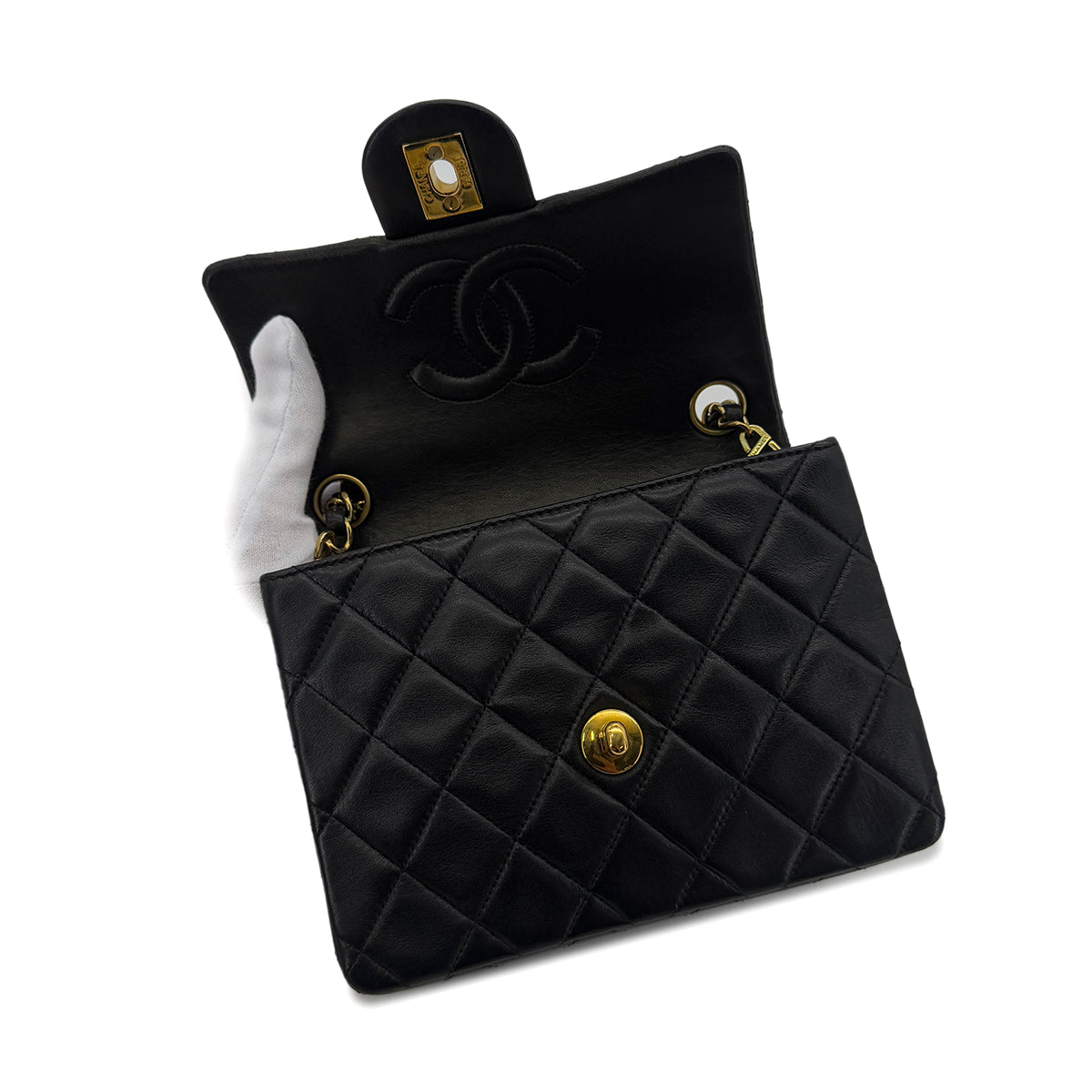 CHANEL VINTAGE MINI SQUARE 17 CHAIN SHOULDER BAG BLACK LAMB SKIN 90287105