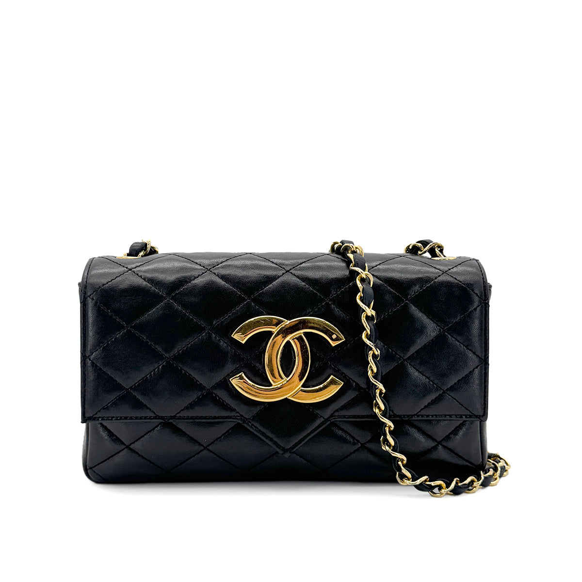 CHANEL VINTAGE MATELASSE BIG COCO CHAIN SHOULDER BAG BLACK LAMB SKIN 90287111