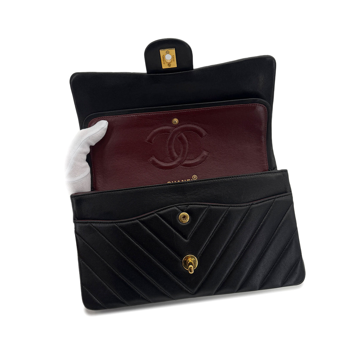 CHANEL VINTAGE CHEVRON CHAIN SHOULDER BAG BLACK LAMB SKIN 90287209