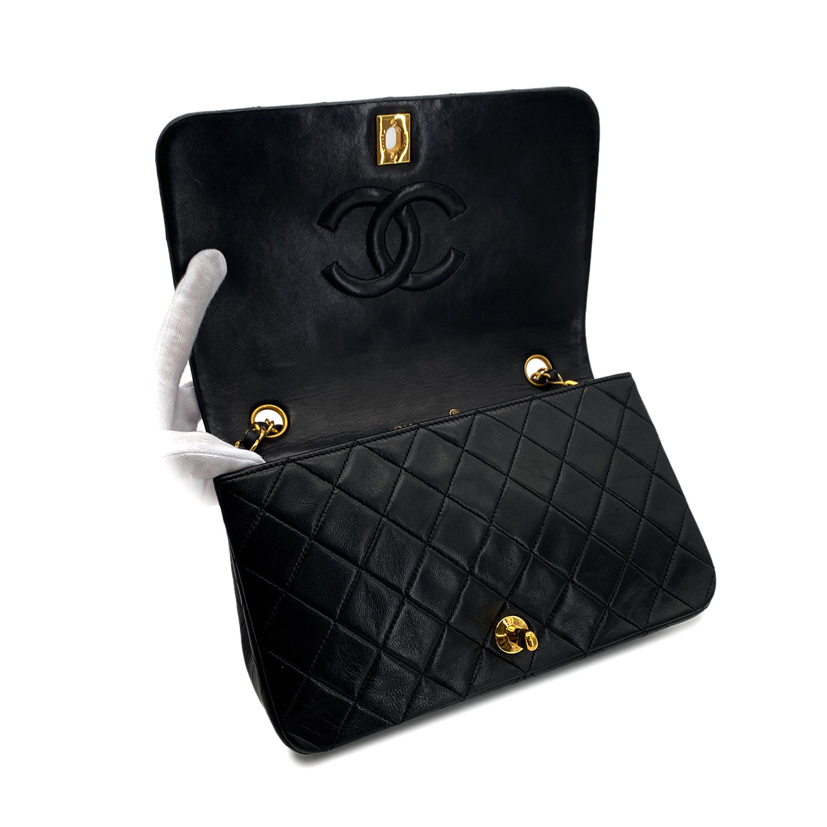 CHANEL VINTAGE FULL FLAP CHAIN SHOULDER BAG BLACK LAMB SKIN 90287215