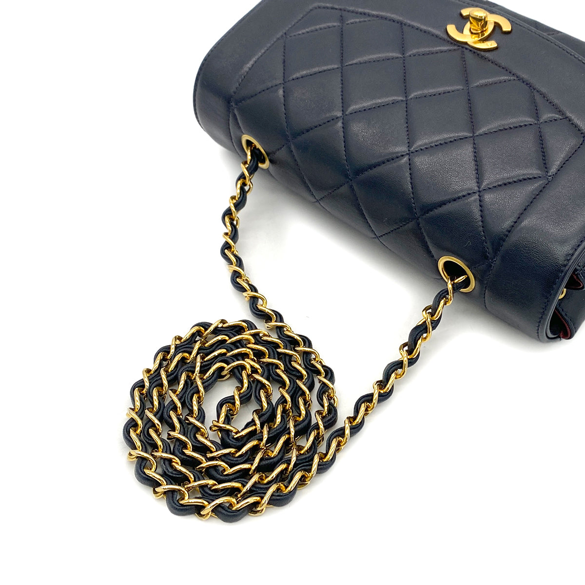 CHANEL VINTAGE DIANA SMALL CHAIN SHOULDER BAG NAVY LAMB SKIN 90287221