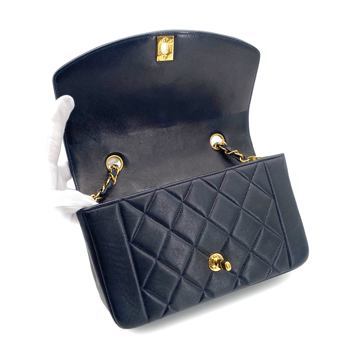 CHANEL VINTAGE DIANA SMALL CHAIN SHOULDER BAG NAVY LAMB SKIN 90287221