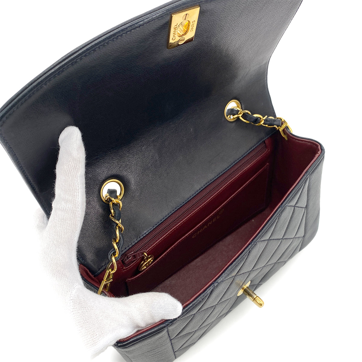 CHANEL VINTAGE DIANA SMALL CHAIN SHOULDER BAG NAVY LAMB SKIN 90287221