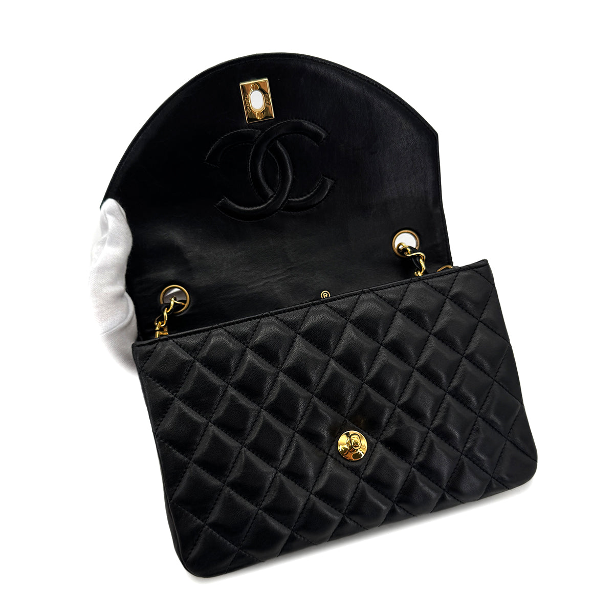 CHANEL VINTAGE MATELASSE HALF MOON CHAIN SHOULDER BAG BLACK LAMB SKIN 90287223