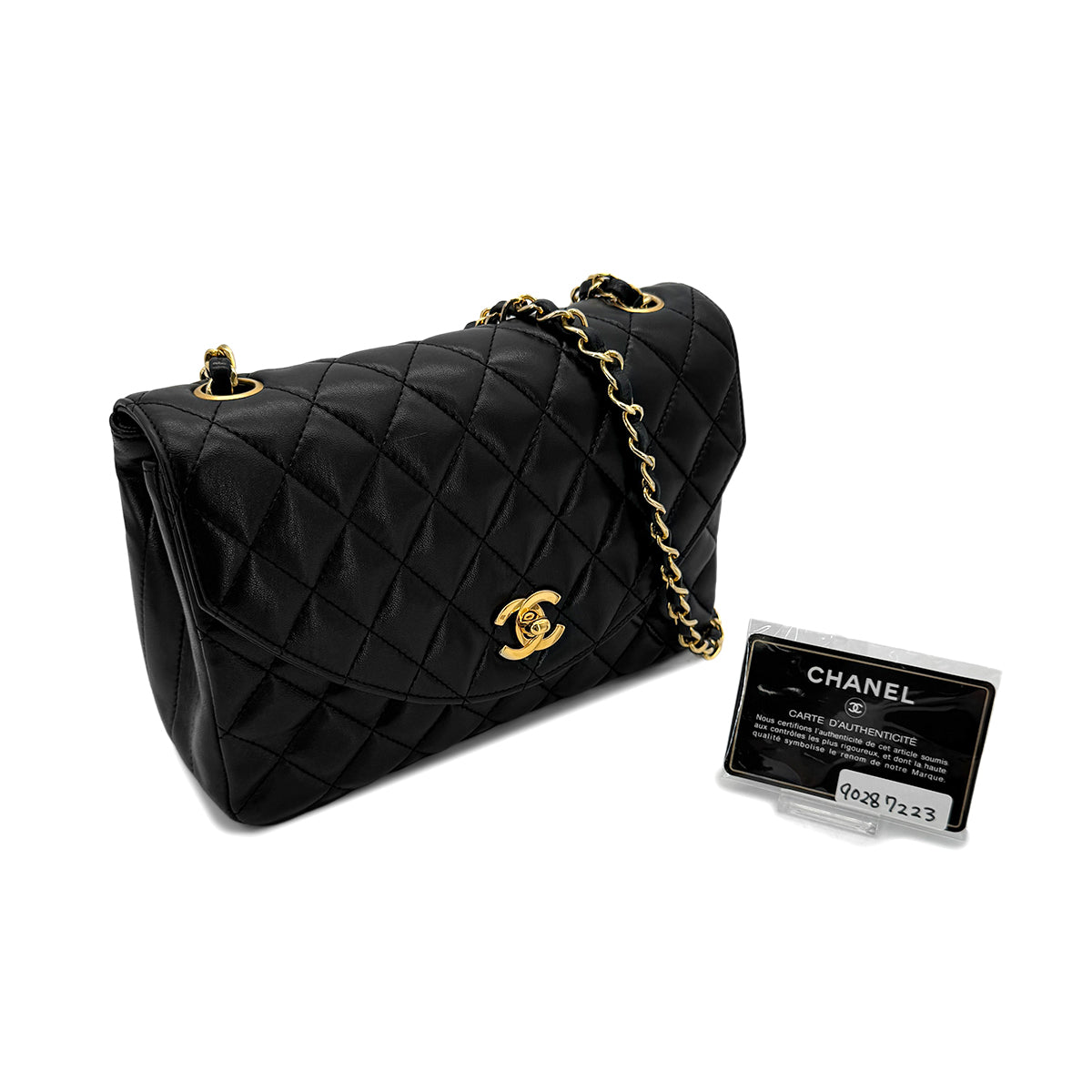 CHANEL VINTAGE MATELASSE HALF MOON CHAIN SHOULDER BAG BLACK LAMB SKIN 90287223
