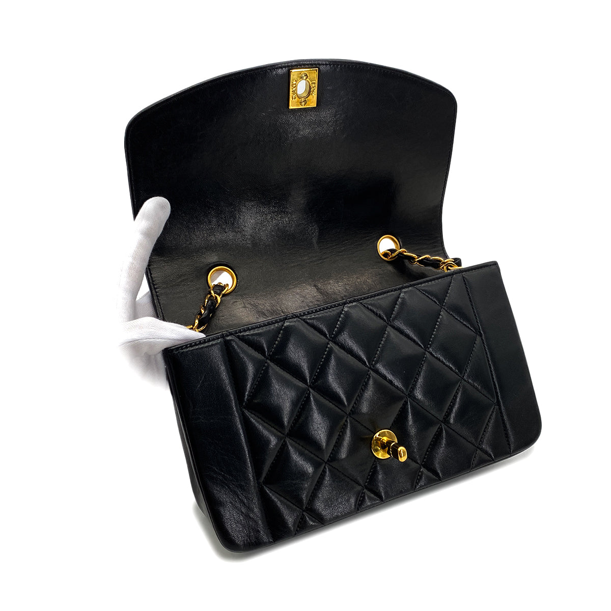 CHANEL VINTAGE DIANA SMALL CHAIN SHOULDER BAG BLACK LAMB SKIN 90287227