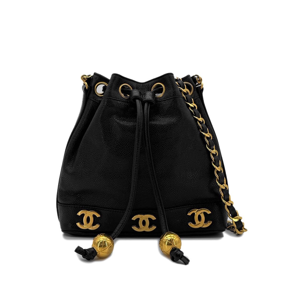 CHANEL VINTAGE TRIPLE COCO CHAIN SHOULDER BAG BLACK CAVIAR SKIN 90287235