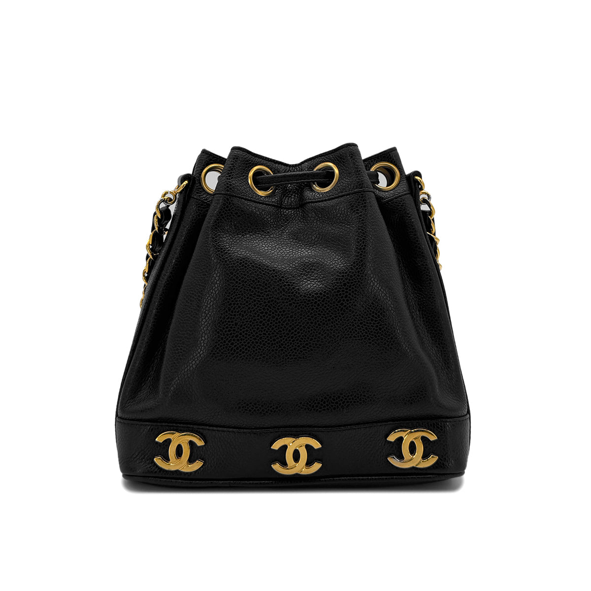 CHANEL VINTAGE TRIPLE COCO CHAIN SHOULDER BAG BLACK CAVIAR SKIN 90287235