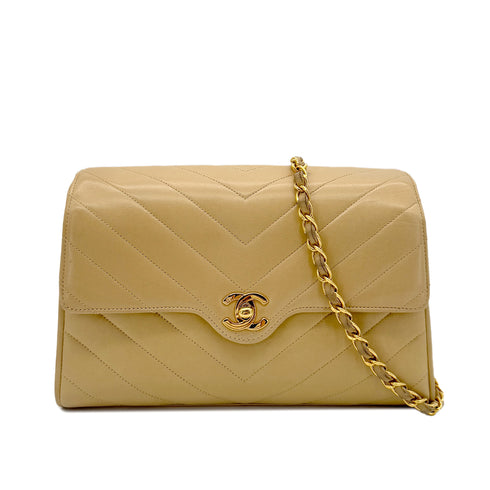 CHANEL VINTAGE CHEVRON V STITCH CHAIN SHUOLDER BAG BEIGE LAMB SKIN 90287240 - PURPOSE