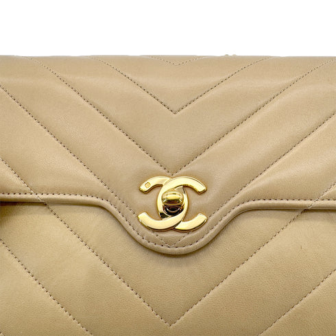 CHANEL VINTAGE CHEVRON V STITCH CHAIN SHUOLDER BAG BEIGE LAMB SKIN 90287240 - PURPOSE