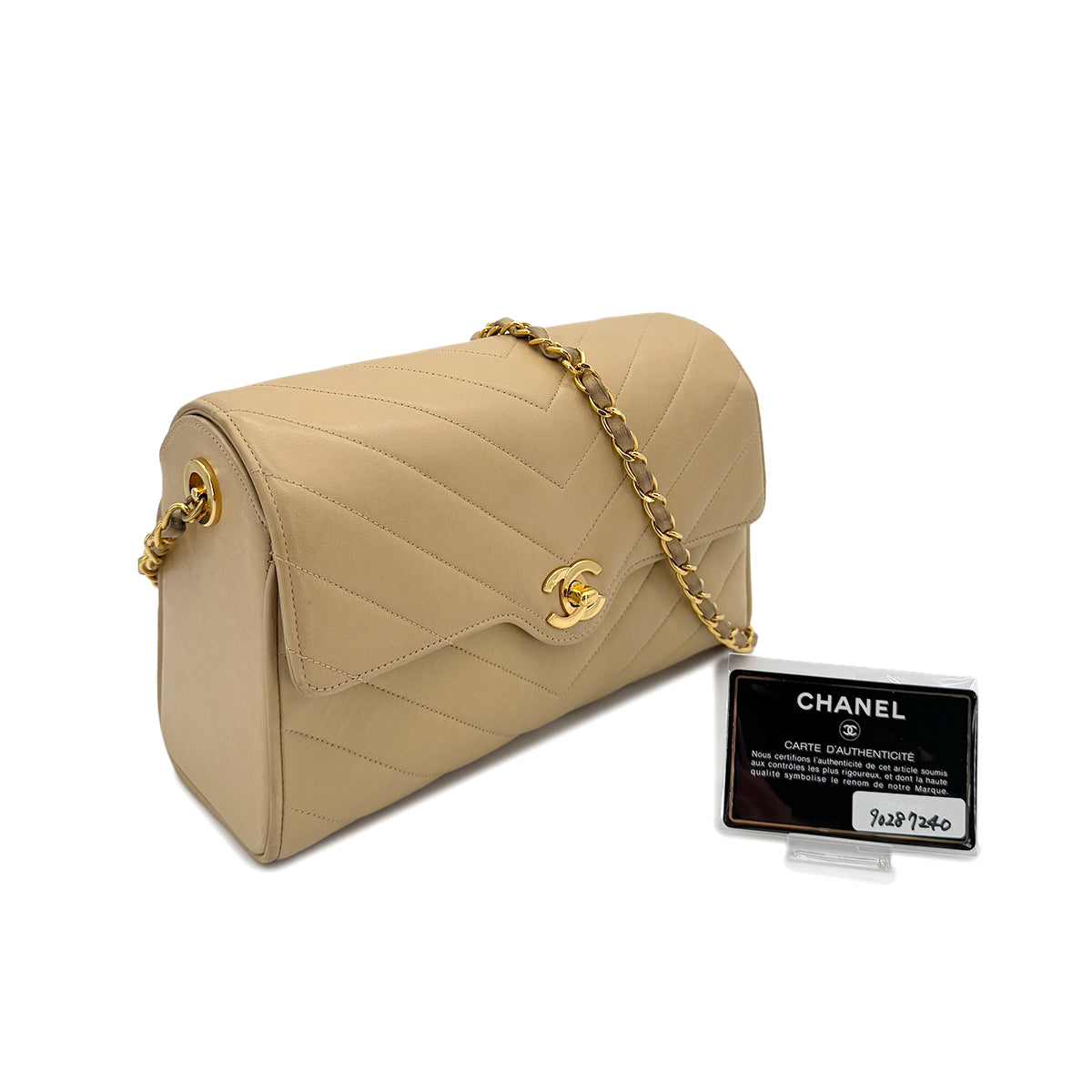 CHANEL VINTAGE CHEVRON V STITCH CHAIN SHUOLDER BAG BEIGE LAMB SKIN 90287240