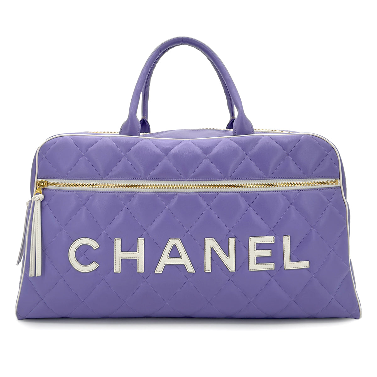 CHANEL VINTAGE MATELASSE LOGO BOSTON HAND BAG PURPLE WHITE LEATHER 90287478