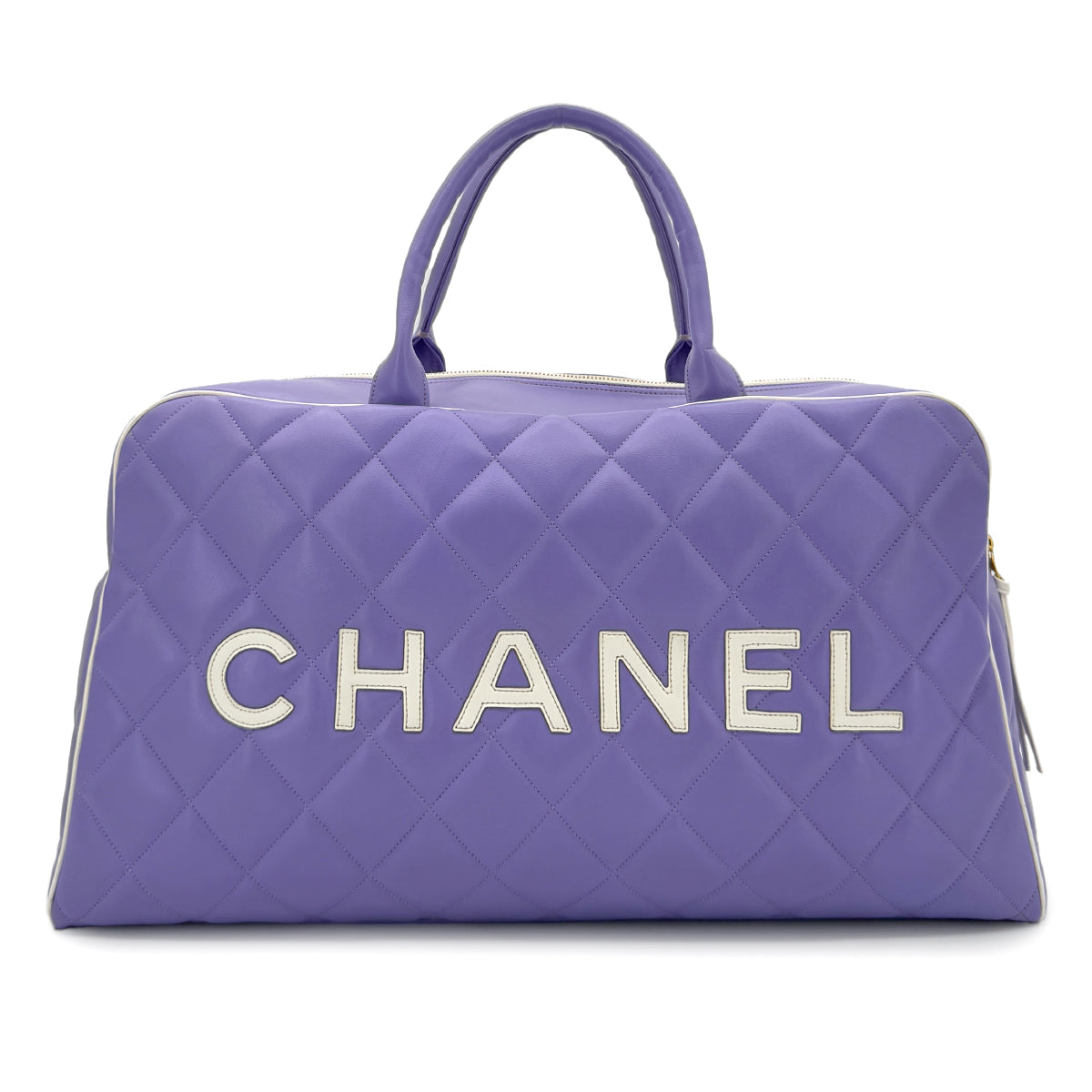 CHANEL VINTAGE MATELASSE LOGO BOSTON HAND BAG PURPLE WHITE LEATHER 90287478