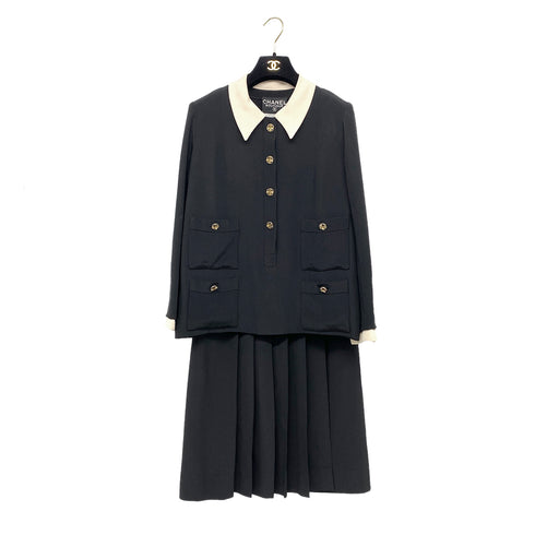 CHANEL VINTAGE FOUR POCKET BICOLOR JACKET PLEATED SKIRT SET BLACK 40 RTW 90287485 - PURPOSE