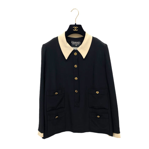 CHANEL VINTAGE FOUR POCKET BICOLOR JACKET PLEATED SKIRT SET BLACK 40 RTW 90287485 - PURPOSE