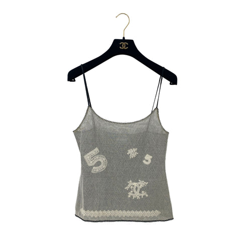 CHANEL SLEEVELESS MESH TOPS COCOMARK NO5 LACE ECRU BLACK COTTON 38 04P RTW 90287810