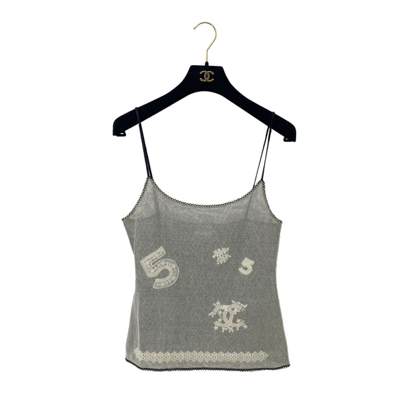 CHANEL SLEEVELESS MESH TOPS COCOMARK NO5 LACE ECRU BLACK COTTON 38 04P RTW 90287810