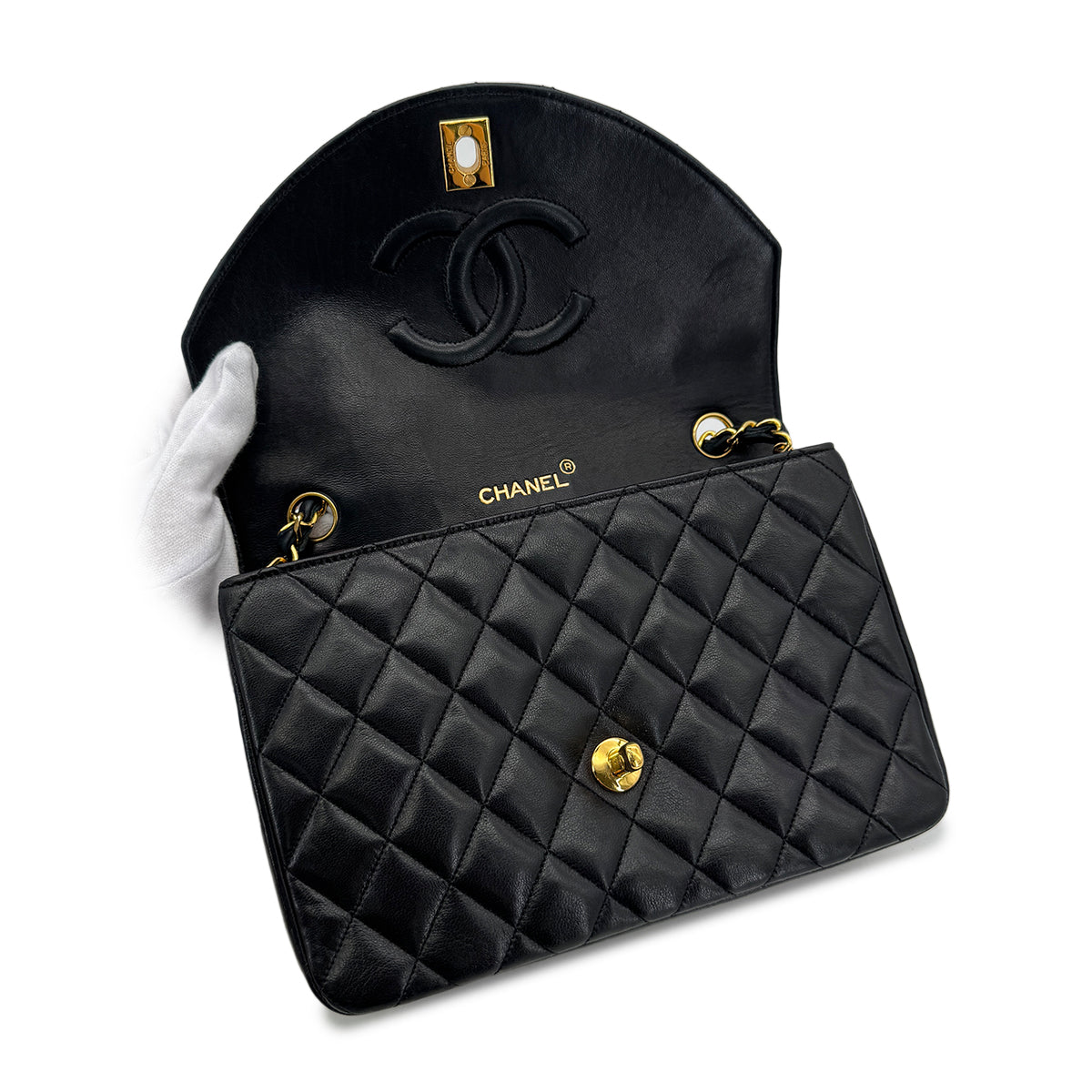 CHANEL VINTAGE MATELASSE HALF MOON CHAIN SHOULDER BAG BLACK LAMB SKIN 90287883