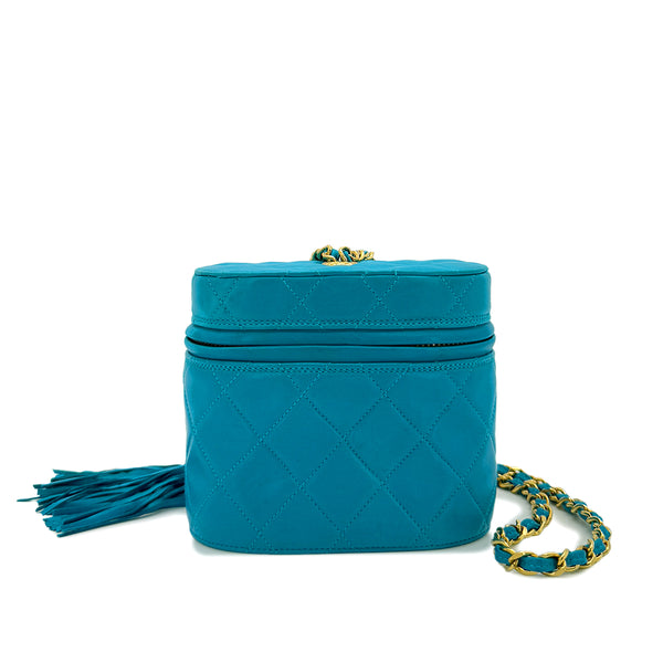 CHANEL VINTAGE VANITY CHAIN SHOULDER BAG FRINGE BLUE LAMB SKIN 90287884