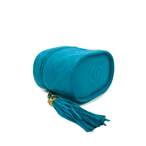 CHANEL VINTAGE VANITY CHAIN SHOULDER BAG FRINGE BLUE LAMB SKIN 90287884