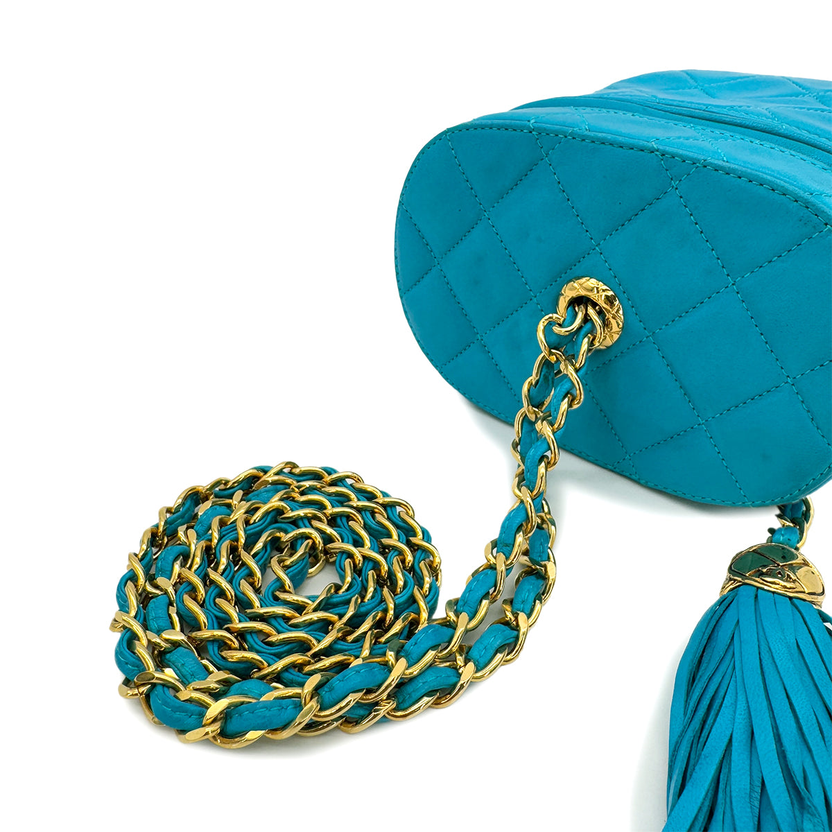 CHANEL VINTAGE VANITY CHAIN SHOULDER BAG FRINGE BLUE LAMB SKIN 90287884