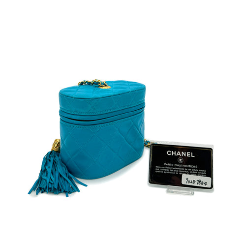 CHANEL VINTAGE VANITY CHAIN SHOULDER BAG FRINGE BLUE LAMB SKIN 90287884